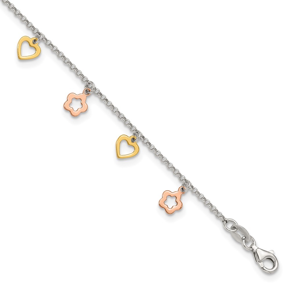 925 Sterling Silver Gold and Rose-tone Heart Charm Flower 9" + 1" ext. Anklet